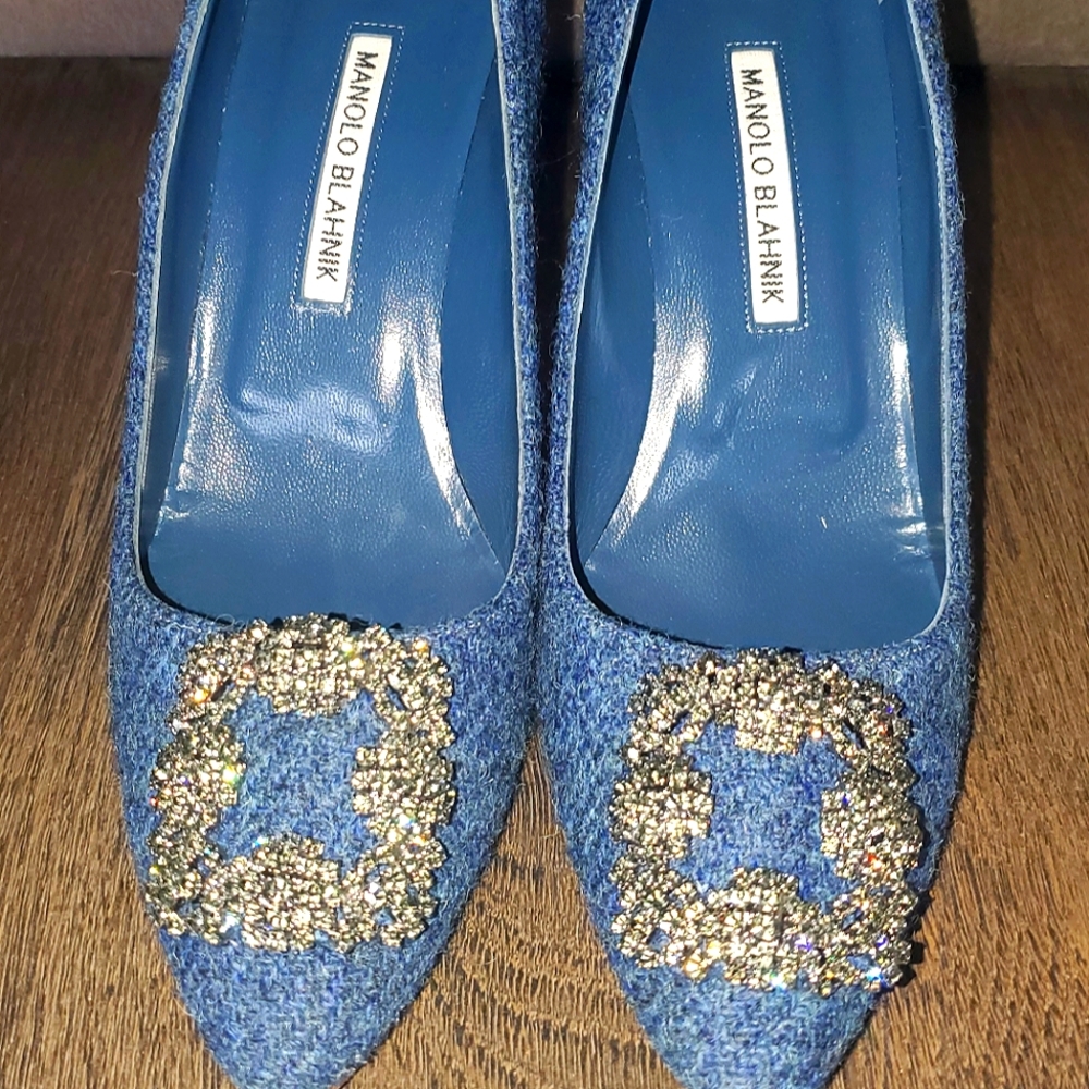 👑 9X HOST PICK 👑 Manolo Blahnik Hangisi 90 mm Pumps Blue Tweed - Picture 10 of 10